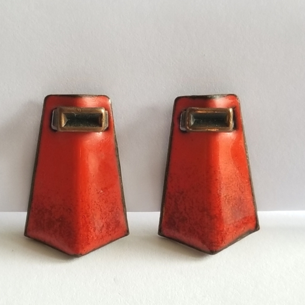 Vintage earrings orange enamel copper screwback rust red autumn fall